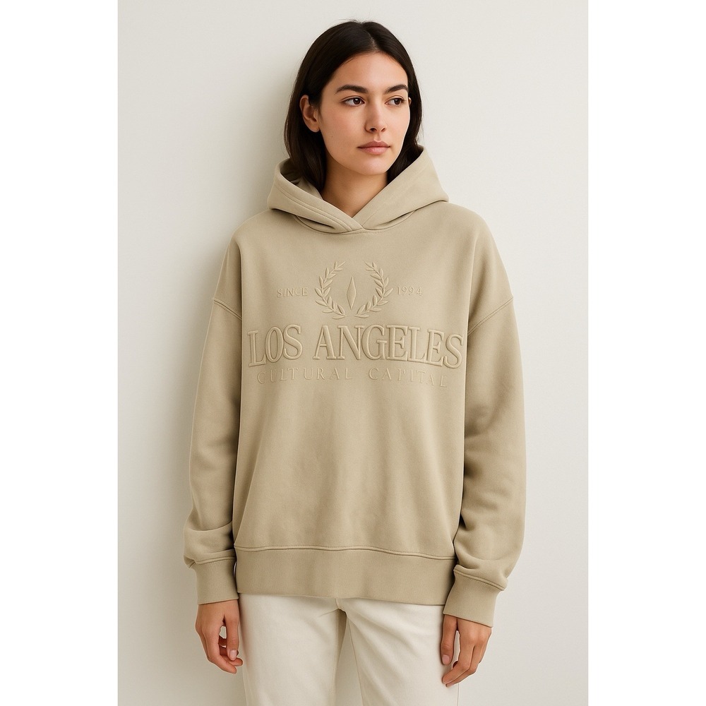 ZARA Sweatshirt Womens‎ M Beige Los Angeles Embossed Graphic Minimalist Y2K